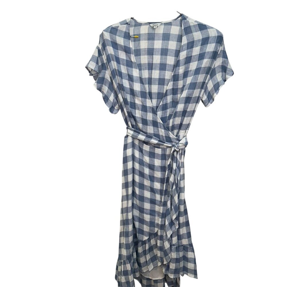 Rails Blue white gingham check plaid wrap dress S Ruffle trim Flutter NEW